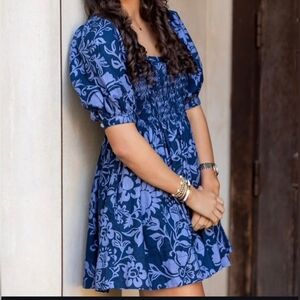 Free People Navy Floral Mini Dress W/ Puff Sleeves Smocked Bodice& Heart Buttons